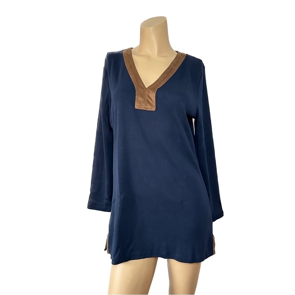 Lauren Ralph Lauren Country Navy Tunic Top Brown Suede Trim V Neck Size Medium